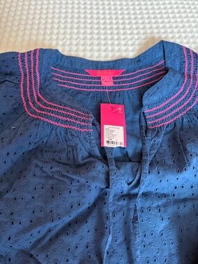 Lilly Pulitzer Navy Eyelet Top with Hot Pink Trim